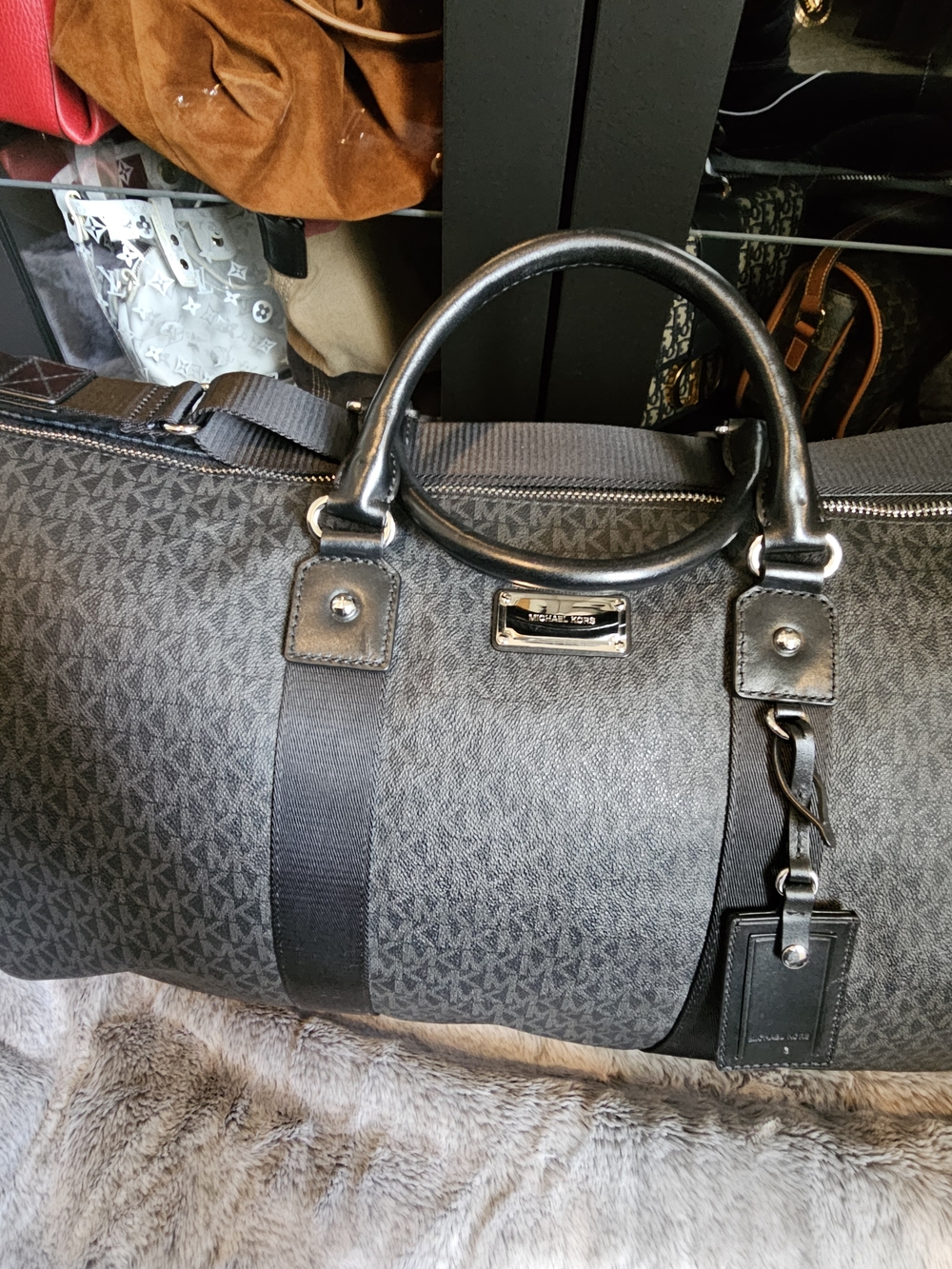 Michael Kors Black Gray MK Monogram Travel Duffel Bag - Picture 2 of 14